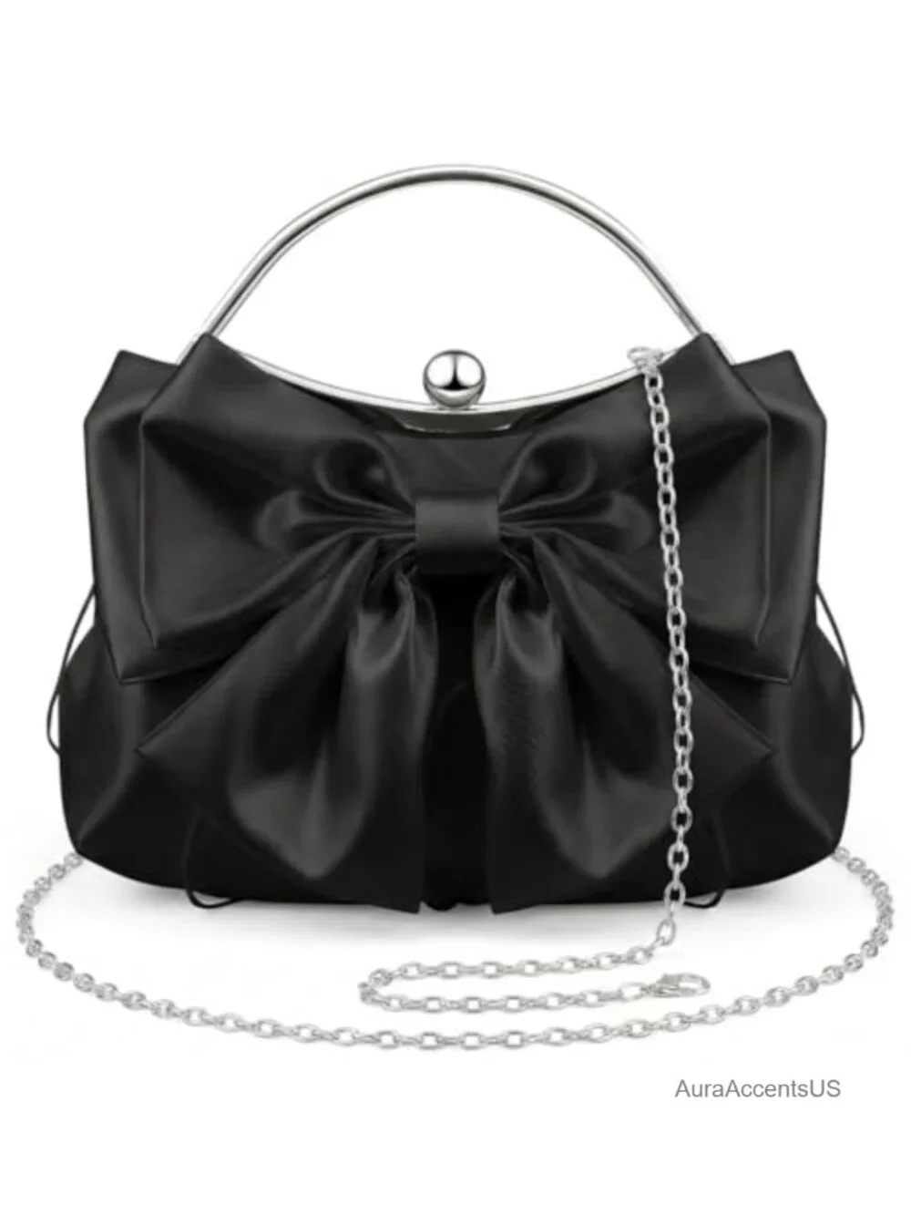 Satin Pleated Bow Evening Clutch with Chain Strap